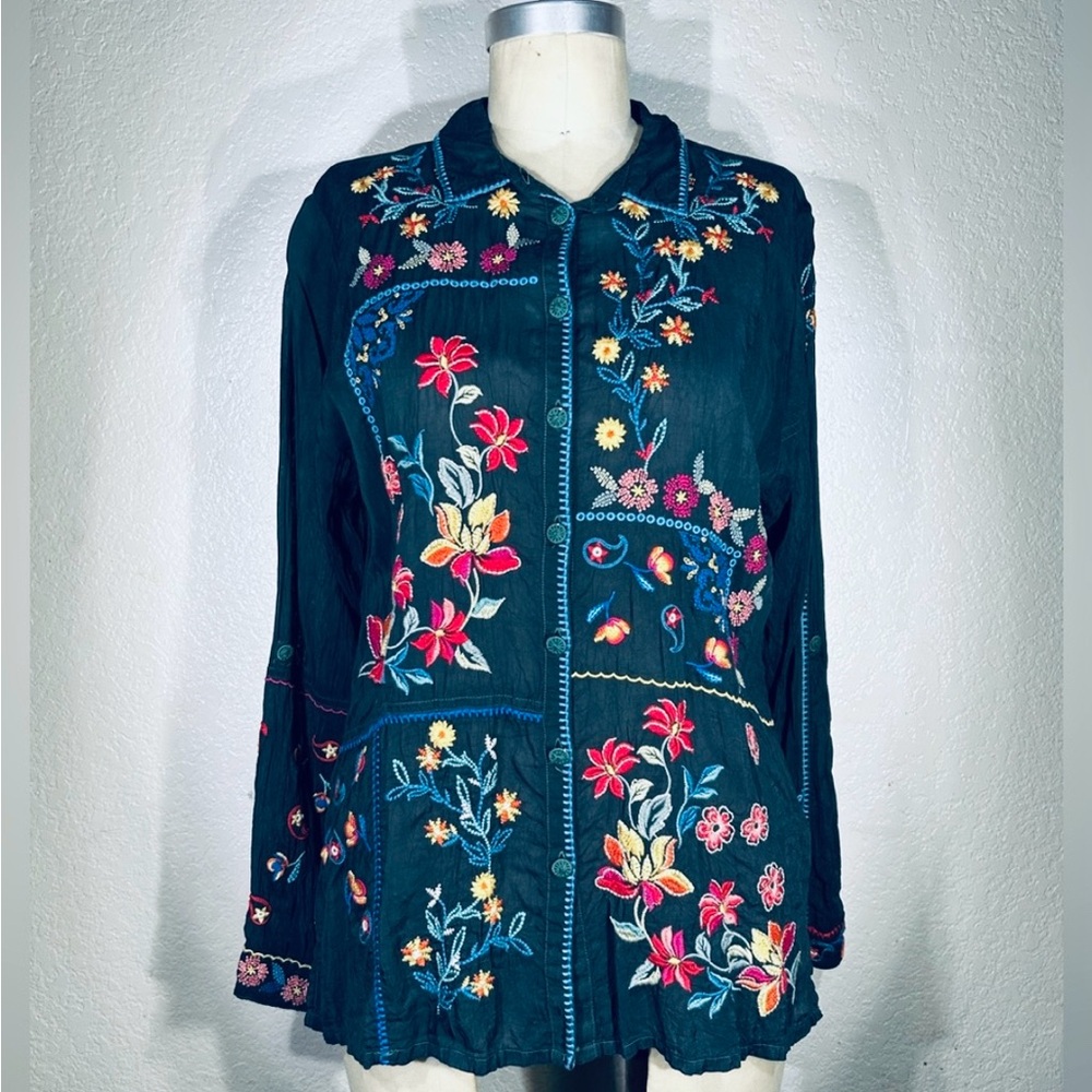 Johnny Was Catina Blouse Almeria in Evergreen Japanese Rayon NWT